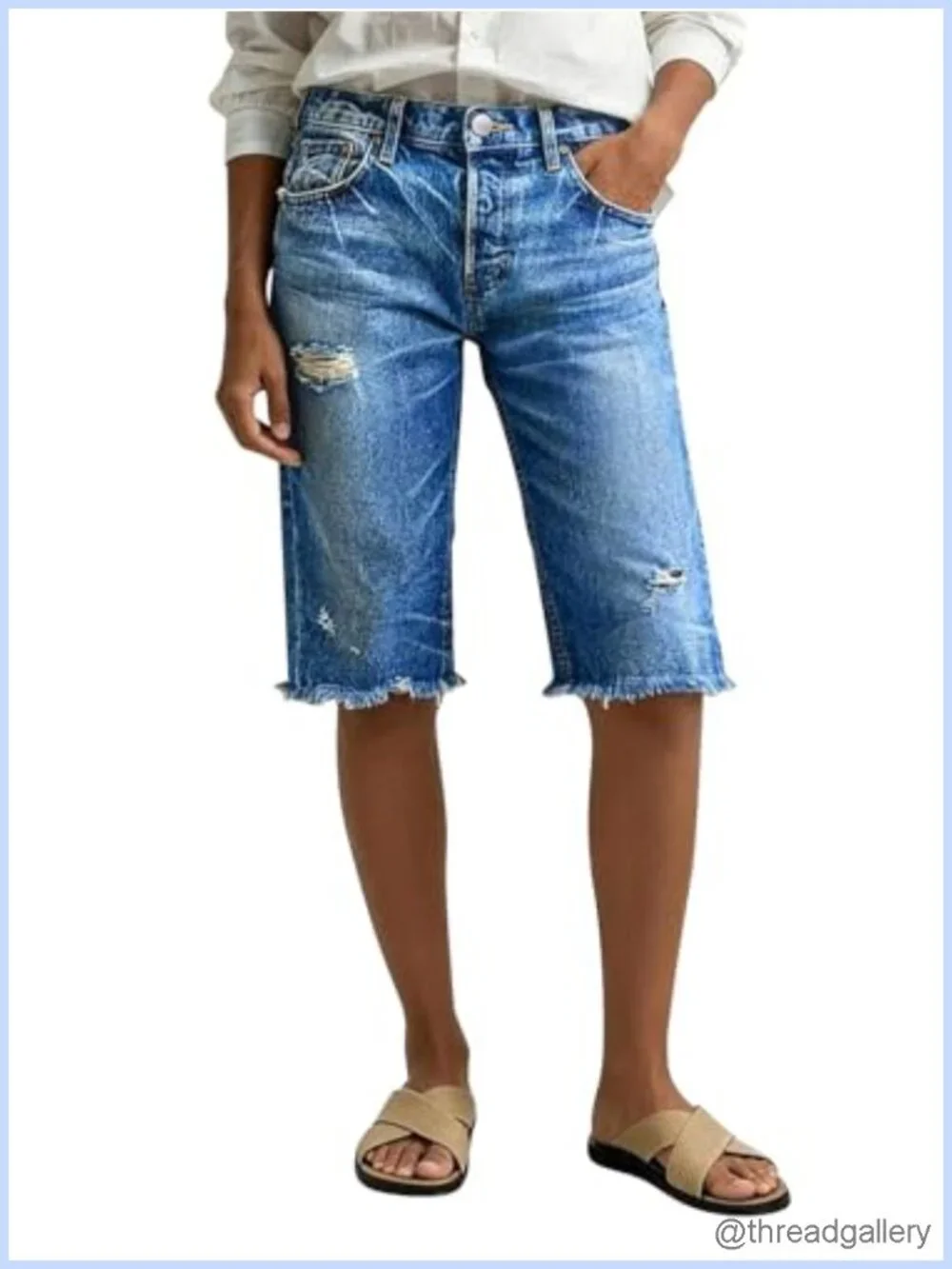 High Waist Straight Leg Bermuda Shorts Raw Hem Ripped Denim Women's Casual